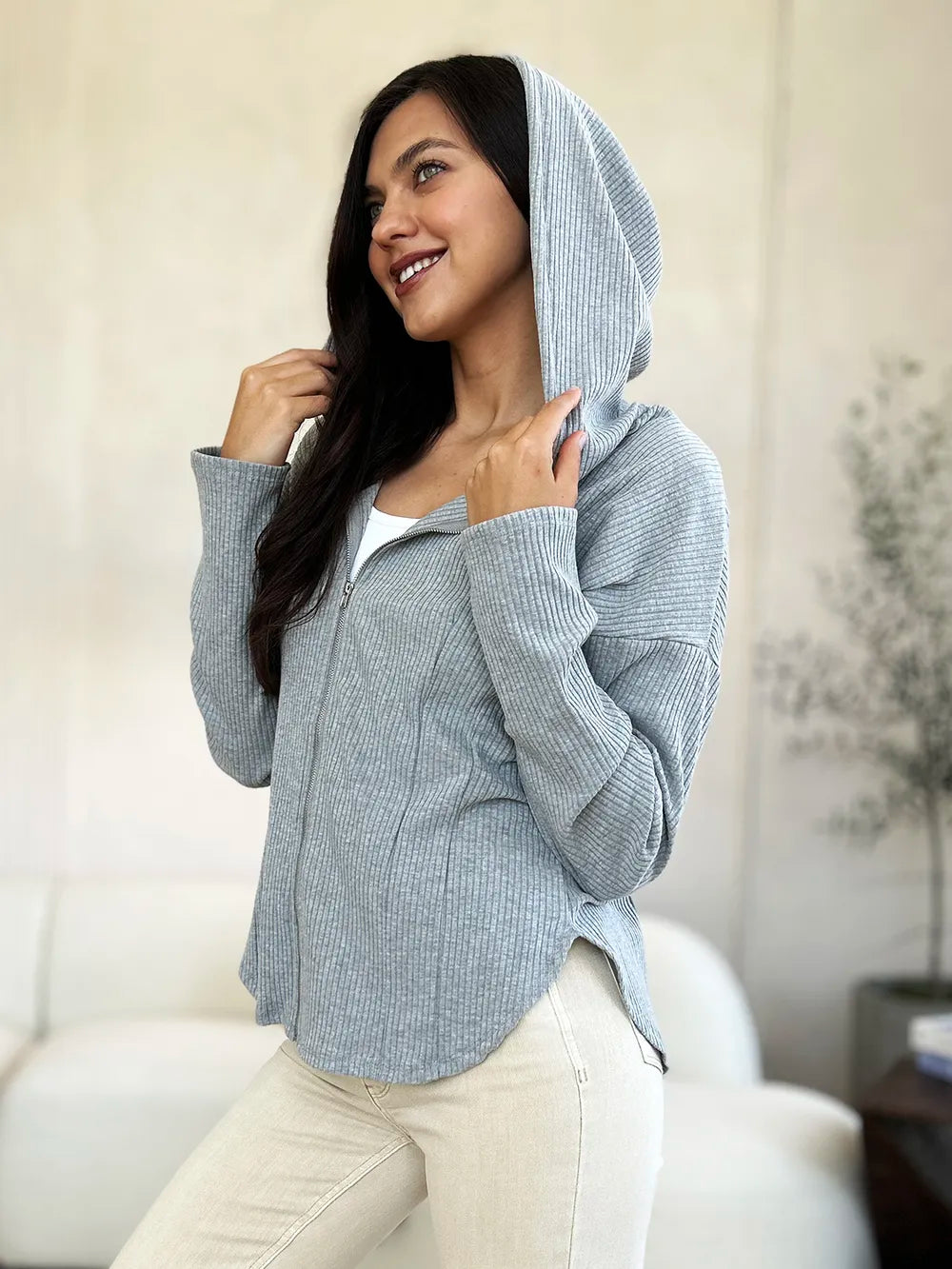 Culture Code Full Size Ribbed Zip Up Drawstring Hooded Jacket - LoveNest Treasures