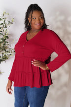 Double Take Half Button Long Sleeve Ruffle Hem Blouse - LoveNest Treasures