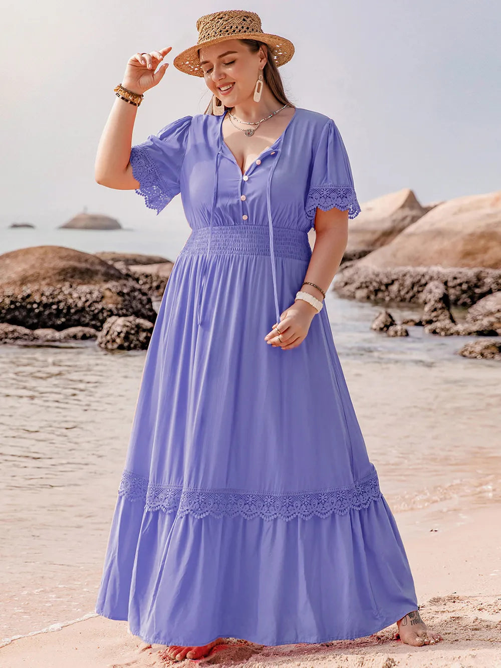 Plus Size Lace Detail Tie Neck Short Sleeve Maxi Dress - LoveNest Treasures