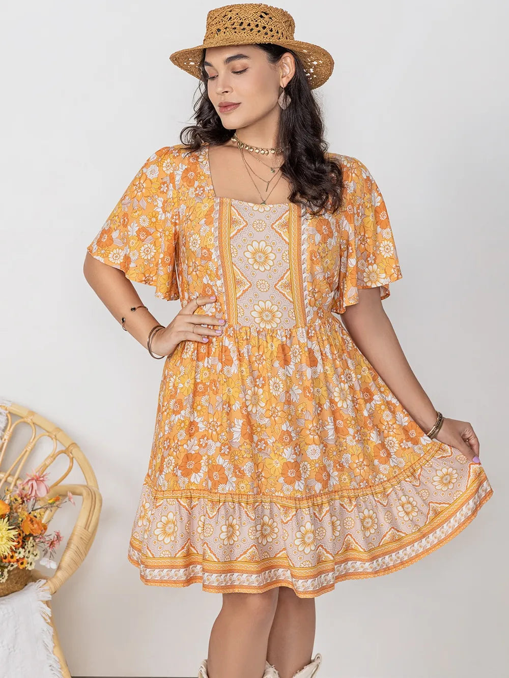 Plus Size Printed Square Neck Short Sleeve Dress - LoveNest Treasures