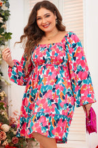 Plus Size Smocked Floral Square Neck Balloon Sleeve Dress - LoveNest Treasures