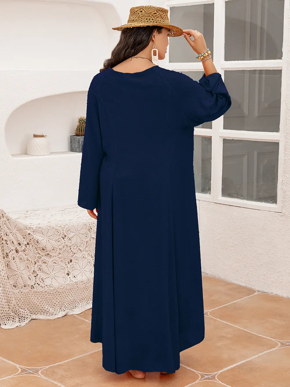 Plus Size Tie Neck Long Sleeve Slit Dress - LoveNest Treasures