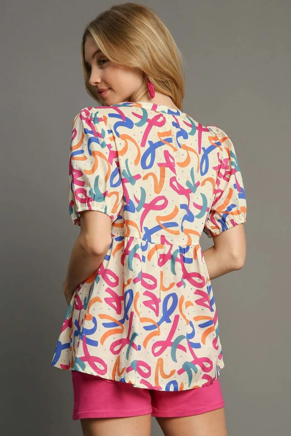 Umgee Full Size Mixed Print Puff Sleeve Babydoll Blouse Plus Size - LoveNest Treasures