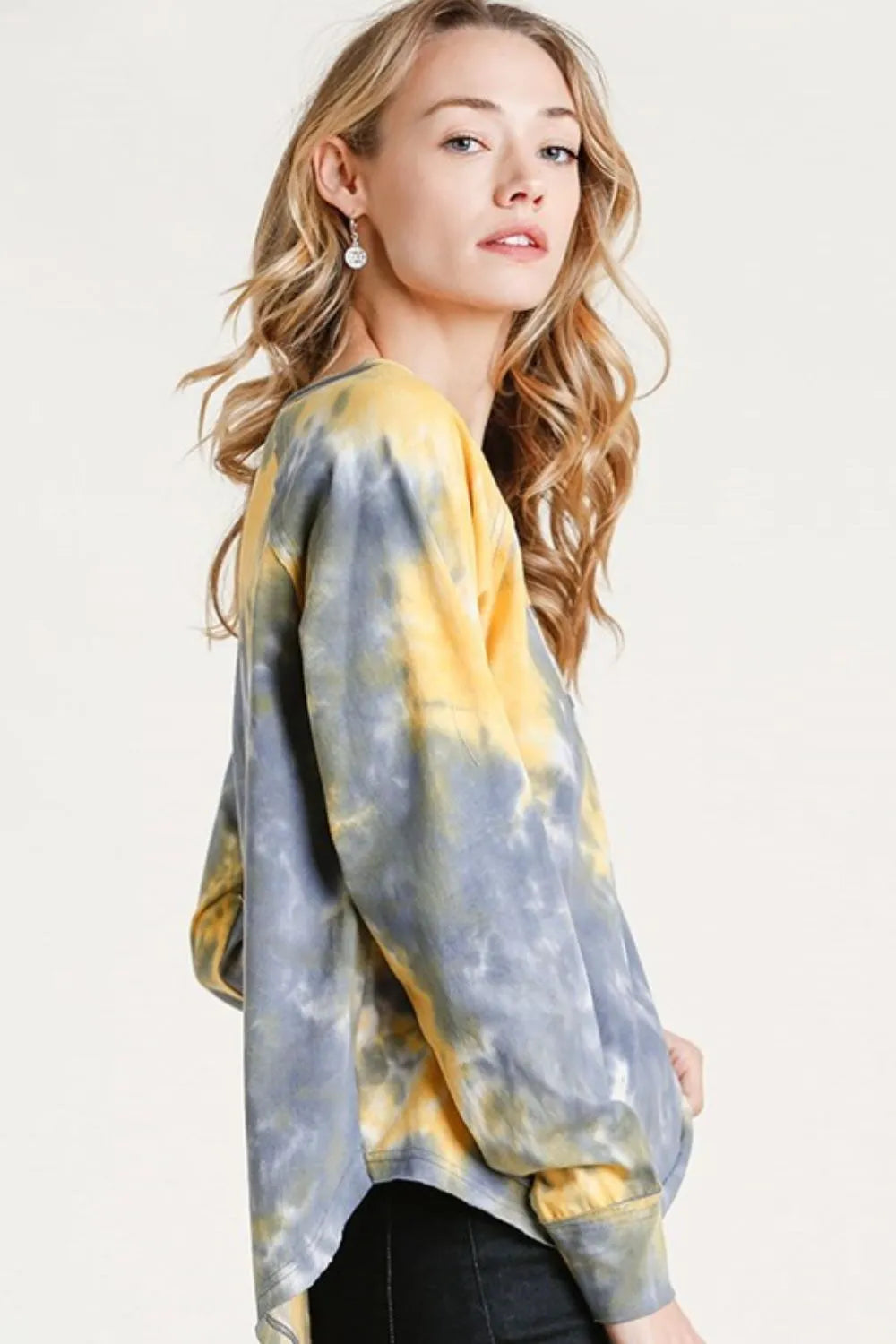 Umgee Full Size Tie Dye Button Front Long Raglan Sleeve Top Plus Size - LoveNest Treasures