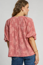 Umgee Full Size Notched Button Detail Half Sleeve Blouse Plus Size - LoveNest Treasures