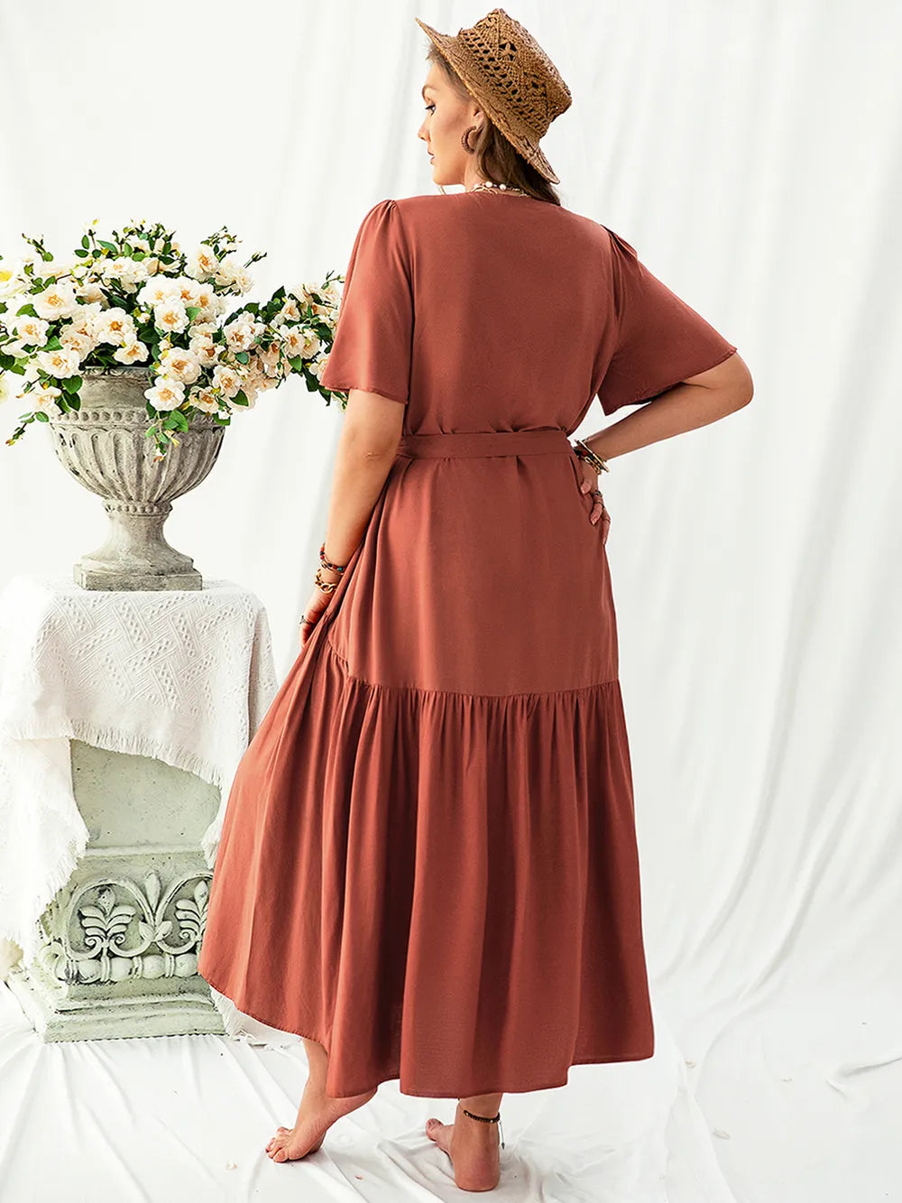 Plus Size V-Neck Flutter Sleeve Midi Dress - LoveNest Treasures