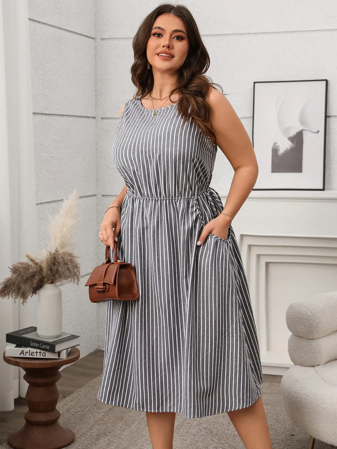 Plus Size Striped Round Neck Sleeveless Dress - LoveNest Treasures