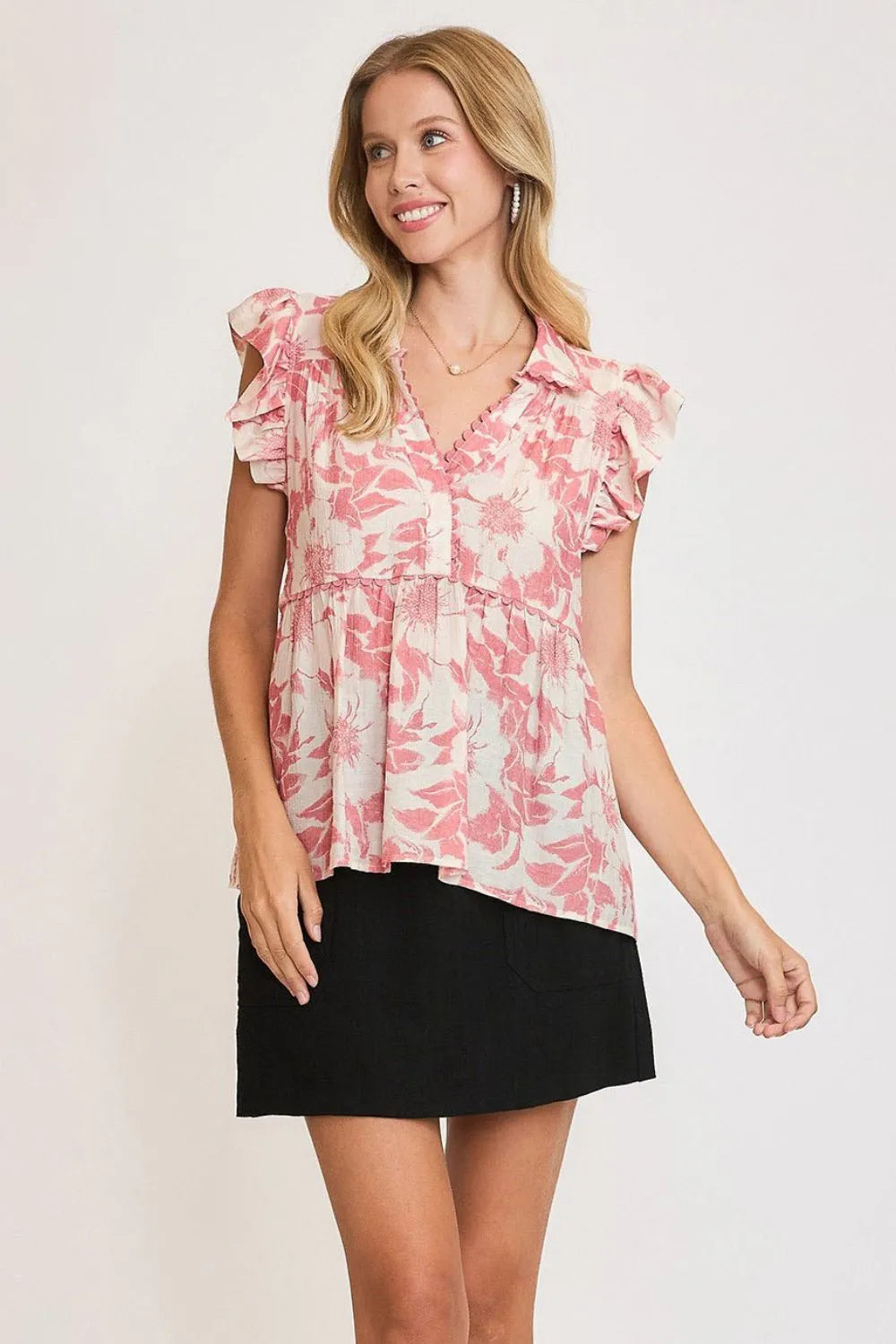 Umgee Full Size Botanical Print Babydoll Top Plus Size - LoveNest Treasures