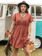 Plus Size Ruffle Hem V-Neck Short Sleeve Dress - LoveNest Treasures