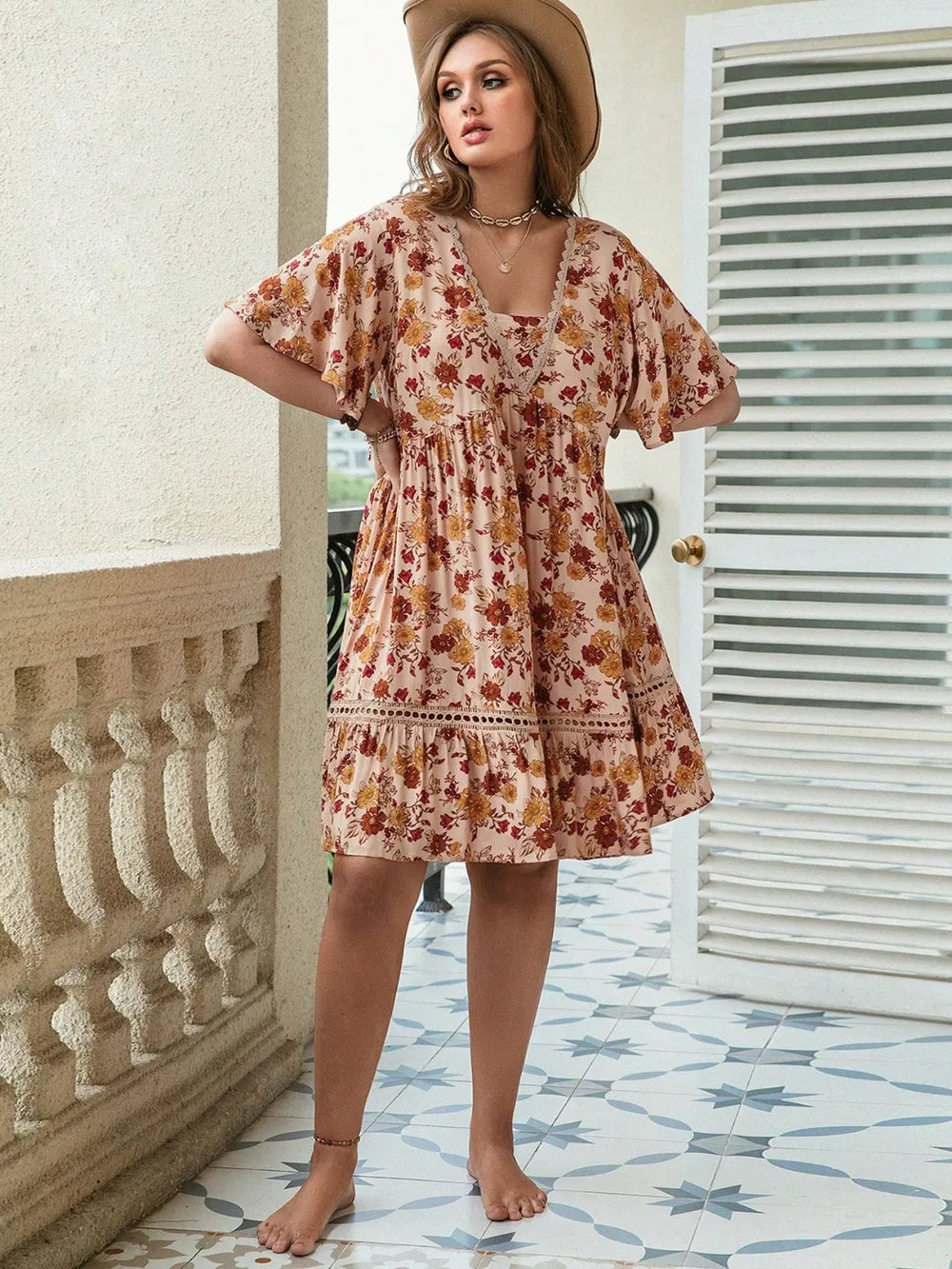 Plus Size Floral Crochet Flutter Sleeve Dress - LoveNest Treasures