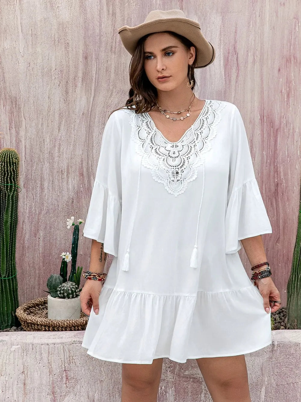 Plus Size Lace Detail Tie Neck Three-Quarter Sleeve Mini Dress - LoveNest Treasures