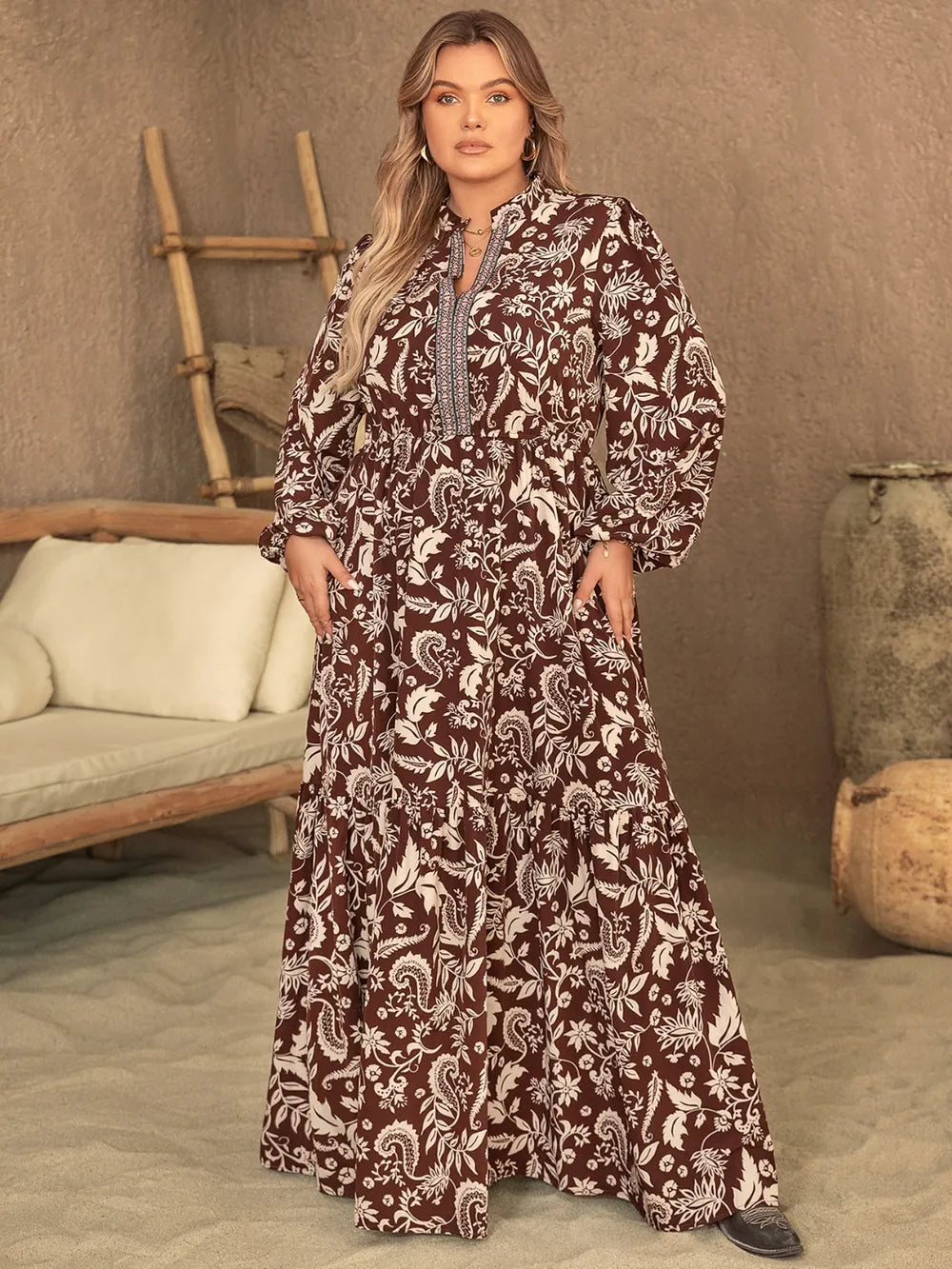 Plus Size Notched Balloon Sleeve Printed Maxi Dress - LoveNest Treasures