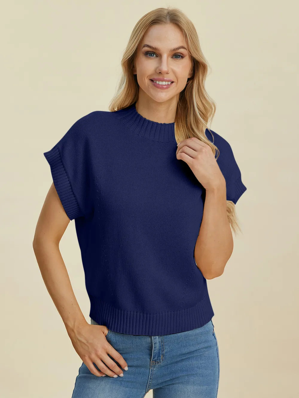 Double Take Full Size Mock Neck Short Sleeve Sweater - LoveNest Treasures