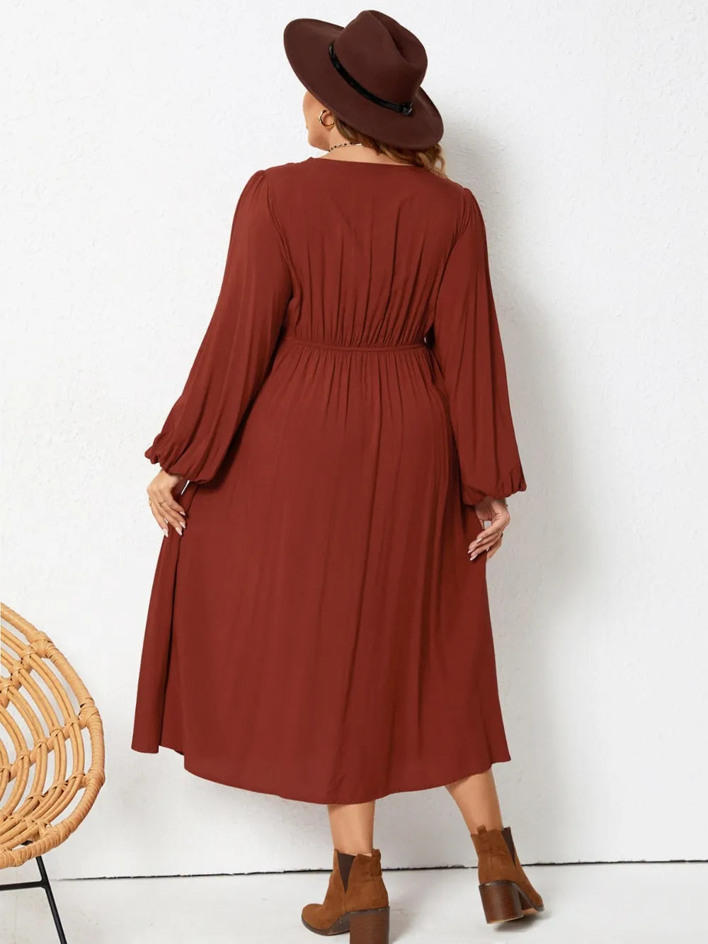 Plus Size Lace Detail V-Neck Balloon Sleeve Dress - LoveNest Treasures