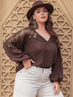Plus Size Lace Detail Tie Neck Long Sleeve Blouse - LoveNest Treasures