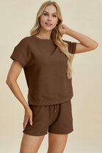 Double Take Full Size Texture Short Sleeve Top and Shorts Set - LoveNest Treasures