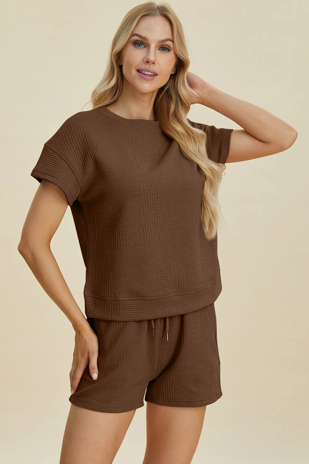 Double Take Full Size Texture Short Sleeve Top and Shorts Set - LoveNest Treasures
