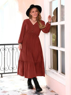 Plus Size Quarter Button V-Neck Long Sleeve Dress - LoveNest Treasures
