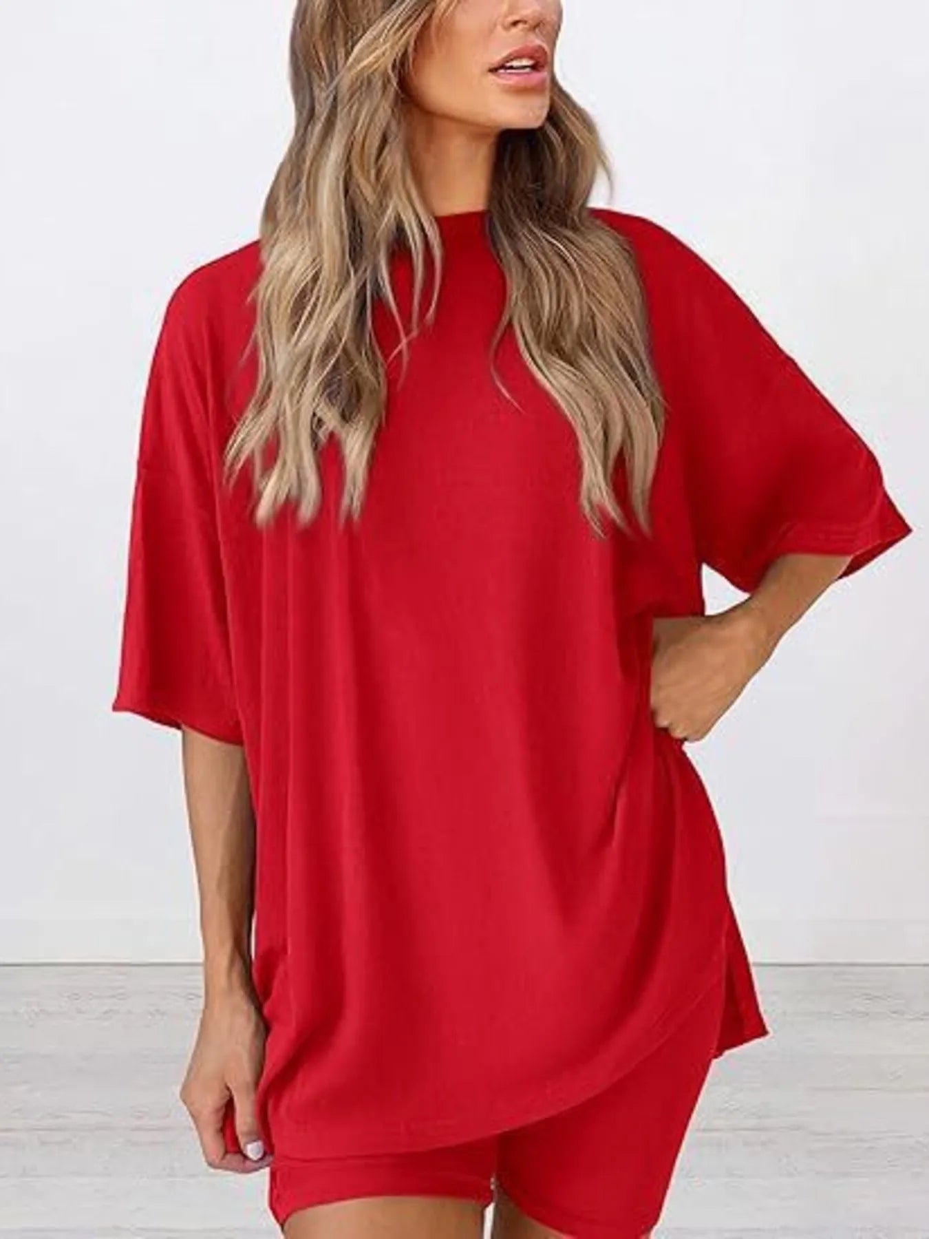 Full Size Oversized Slit Round Neck Top and Shorts Lounge Set Plus Size - LoveNest Treasures