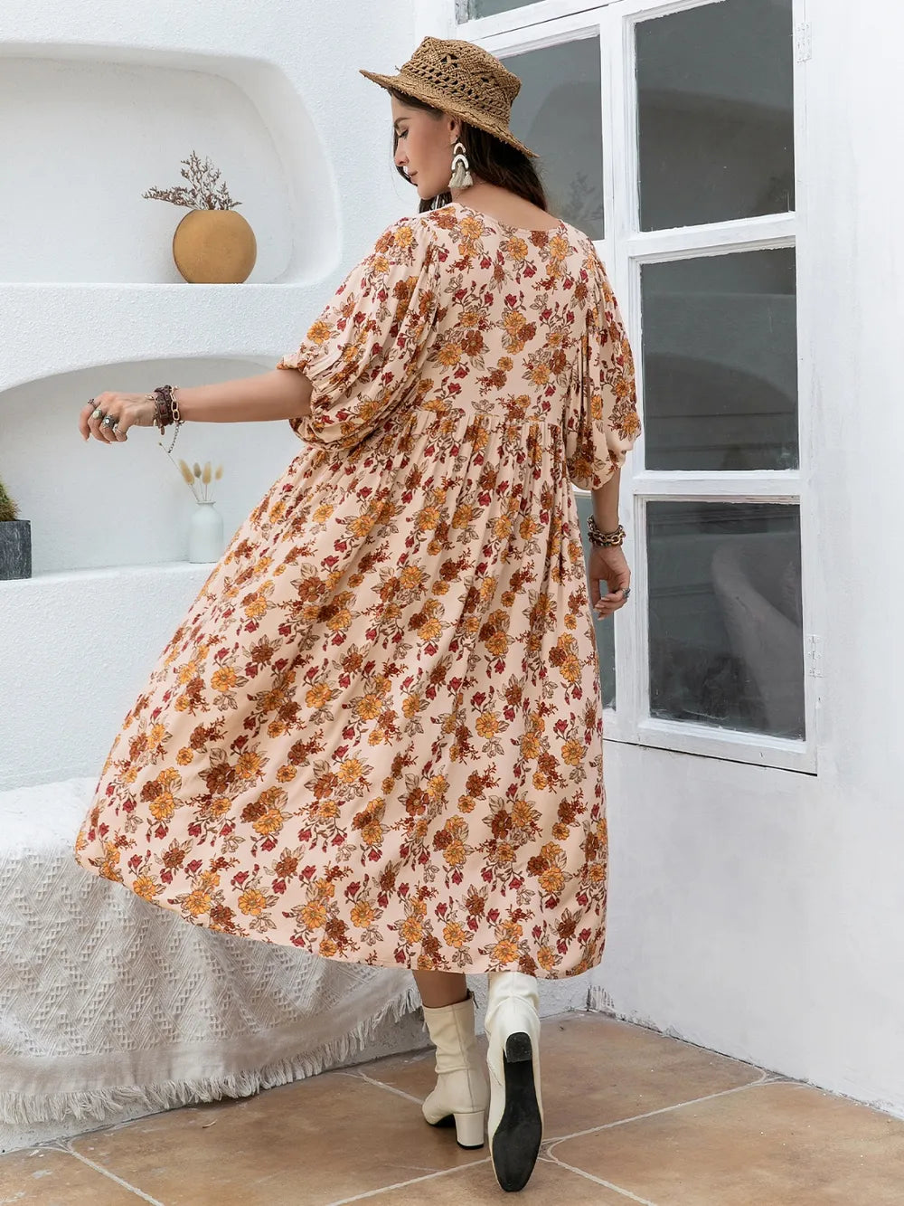Plus Size Printed Tie Neck Half Sleeve Midi Dress - LoveNest Treasures
