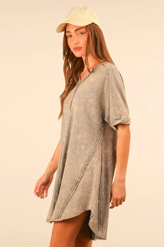 PerFee Plus Size Mineral Washed Ribbed Knit Mini Dress - LoveNest Treasures