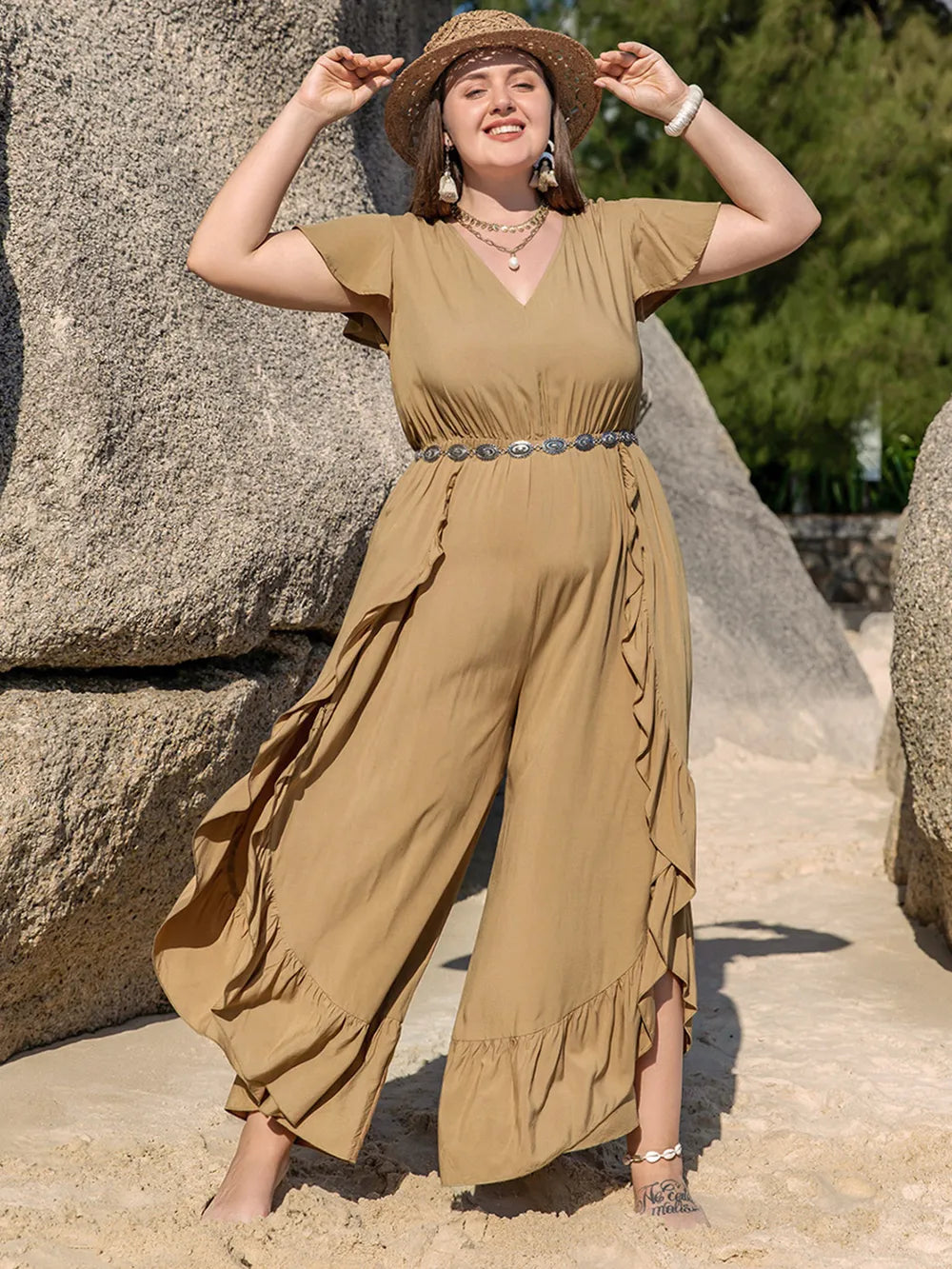 Plus Size Slit Ruffled V-Neck Jumpsuit - LoveNest Treasures