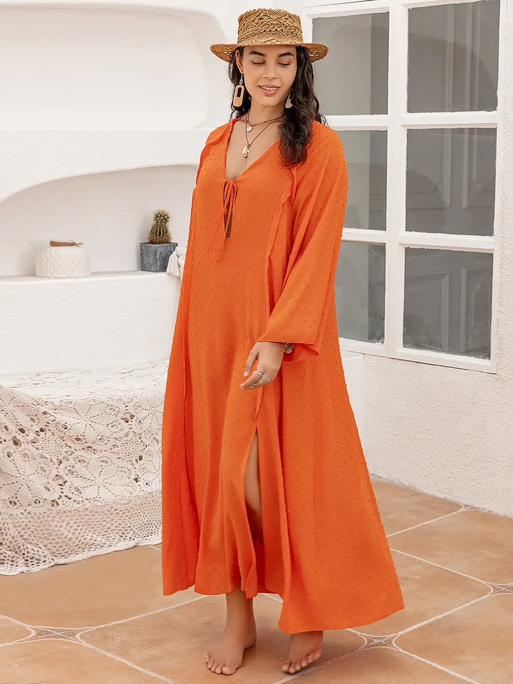 Plus Size Tie Neck Long Sleeve Slit Dress - LoveNest Treasures