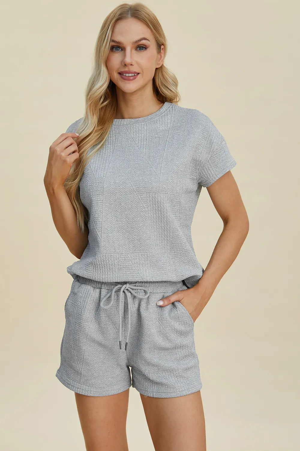 Double Take Full Size Texture Short Sleeve Top and Shorts Set - LoveNest Treasures