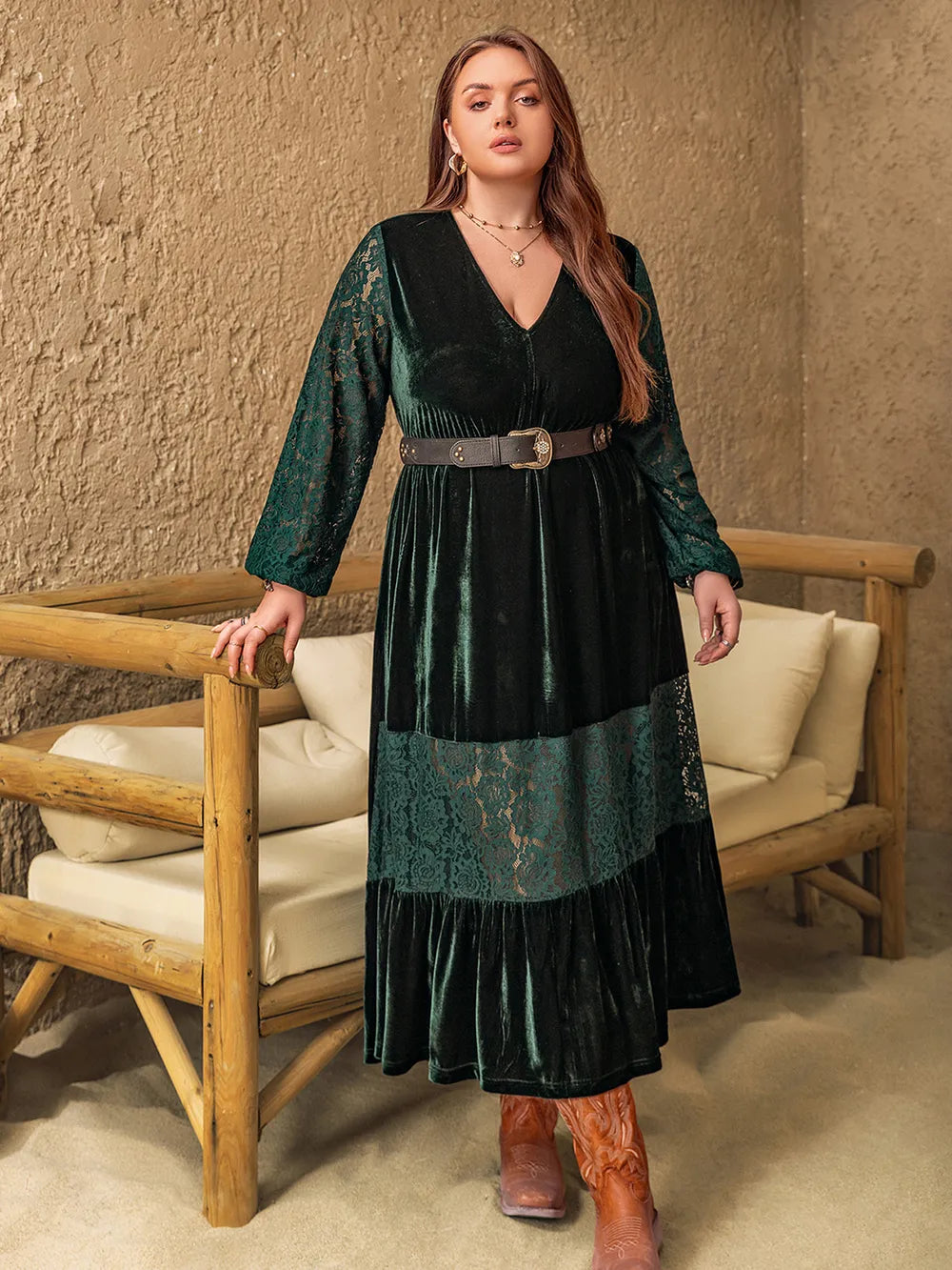 Plus Size Lace Patchwork V-Neck Balloon Sleeve Midi Dress - LoveNest Treasures
