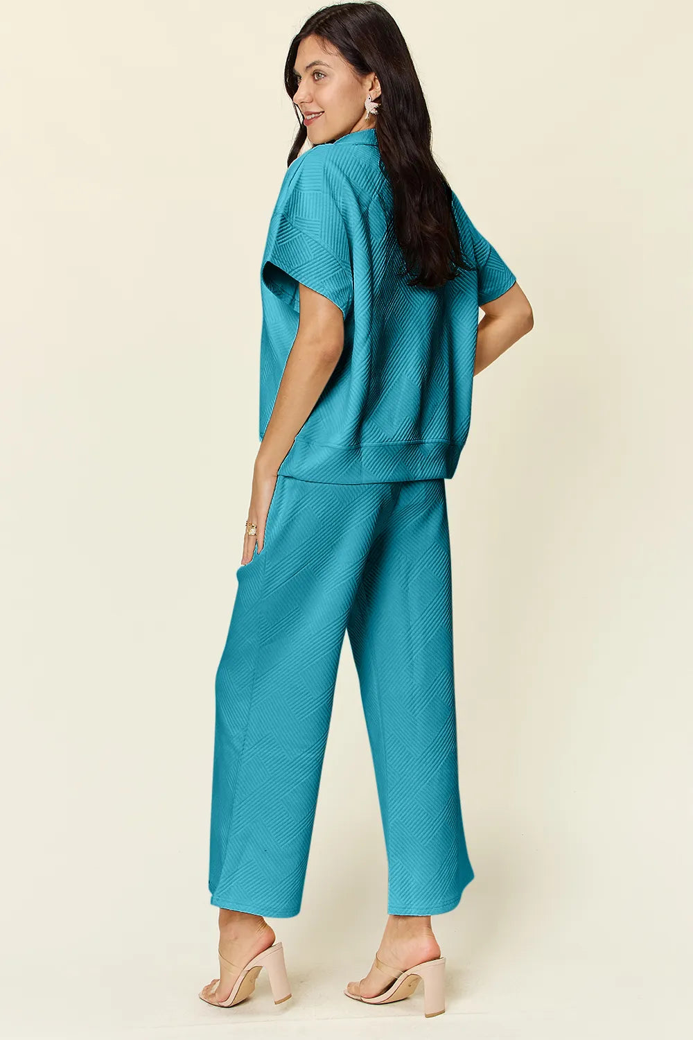 Double Take Full Size Texture Half Zip Short Sleeve Top and Pants Set - LoveNest Treasures