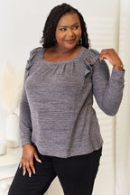 Double Take Square Neck Ruffle Shoulder Long Sleeve T-Shirt - LoveNest Treasures