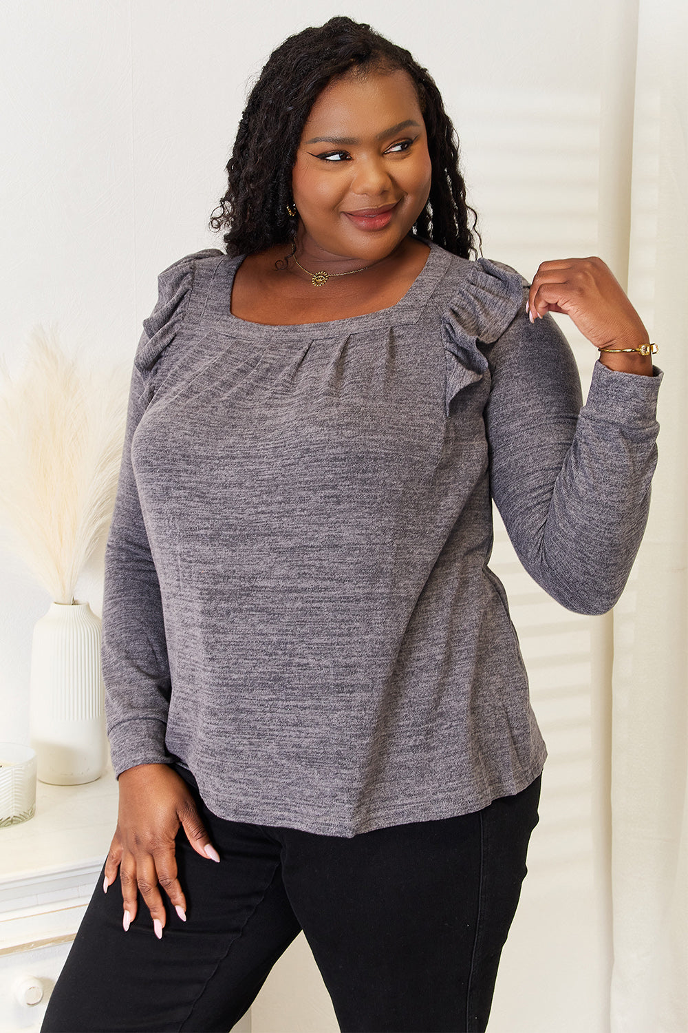 Double Take Square Neck Ruffle Shoulder Long Sleeve T-Shirt - LoveNest Treasures