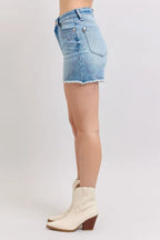 Judy Blue Full Size High Waist Western Embroidery Detail Cut Off Denim Shorts Plus Size - LoveNest Treasures
