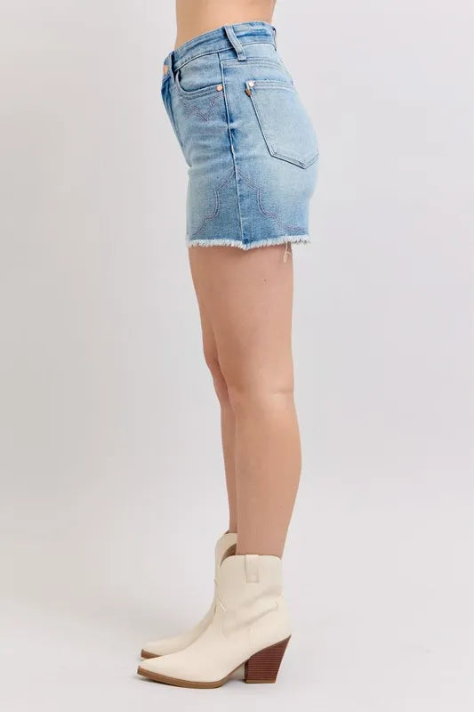 Judy Blue Full Size High Waist Western Embroidery Detail Cut Off Denim Shorts Plus Size - LoveNest Treasures