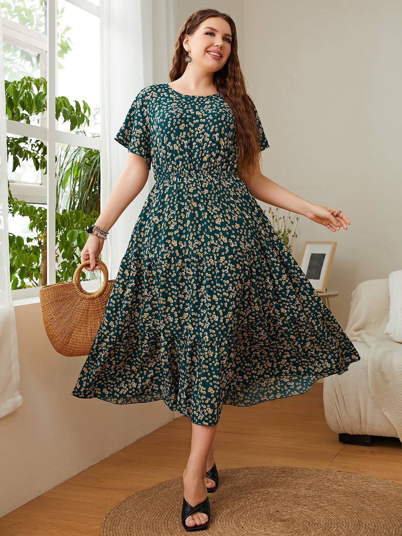 Honey Plus Size Floral Round Neck Short Sleeve Midi Dress - LoveNest Treasures