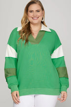She + Sky Full Size Color Block Sleeve Johnny Collar French Terry Sweatshirt Plus Size - LoveNest Treasures