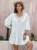 Plus Size Lace Detail Tie Neck Three-Quarter Sleeve Mini Dress - LoveNest Treasures