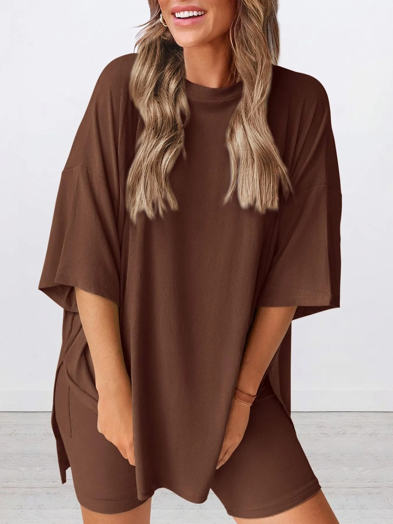 Full Size Oversized Round Neck Top and Shorts Set Plus Size - LoveNest Treasures