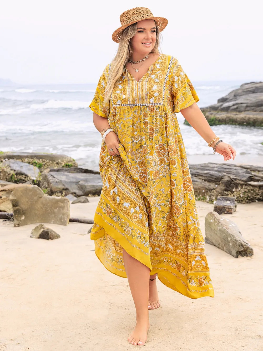 Plus Size Floral Tie Neck Flutter Sleeve Maxi Dress - LoveNest Treasures