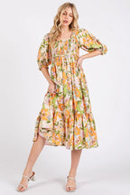 Mittoshop Flower Print Puff Sleeve Ruffle Smocked Midi Dress - LoveNest Treasures