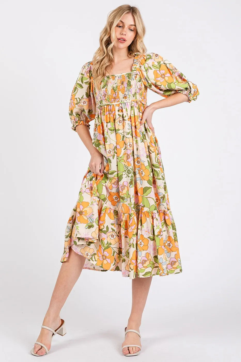Mittoshop Flower Print Puff Sleeve Ruffle Smocked Midi Dress - LoveNest Treasures