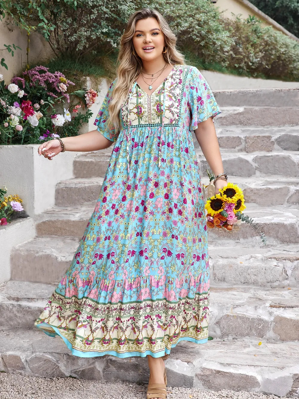 Plus Size Printed Tie Neck Flutter Sleeve Maxi Dress - LoveNest Treasures