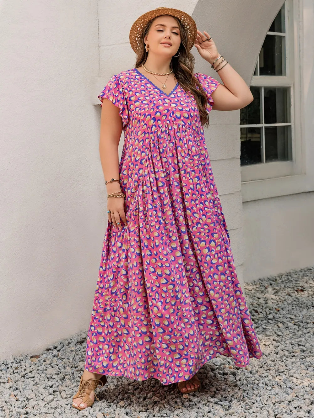 Plus Size Printed V-Neck Flutter Sleeve Tie Waist Maxi Dress - LoveNest Treasures