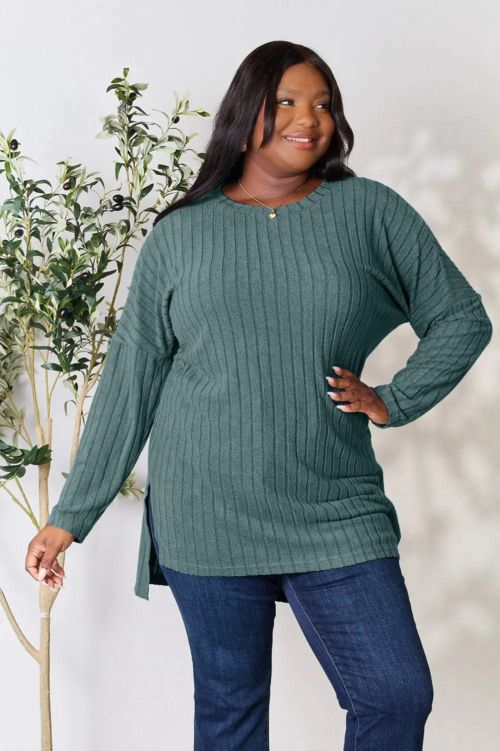 Basic Bae Full Size Ribbed Round Neck Long Sleeve Slit Top - LoveNest Treasures