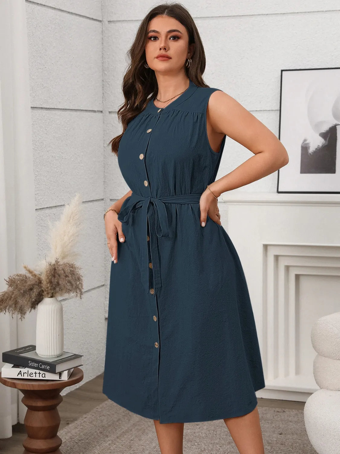 Plus Size Button Front Tie Waist Sleeveless Dress - LoveNest Treasures