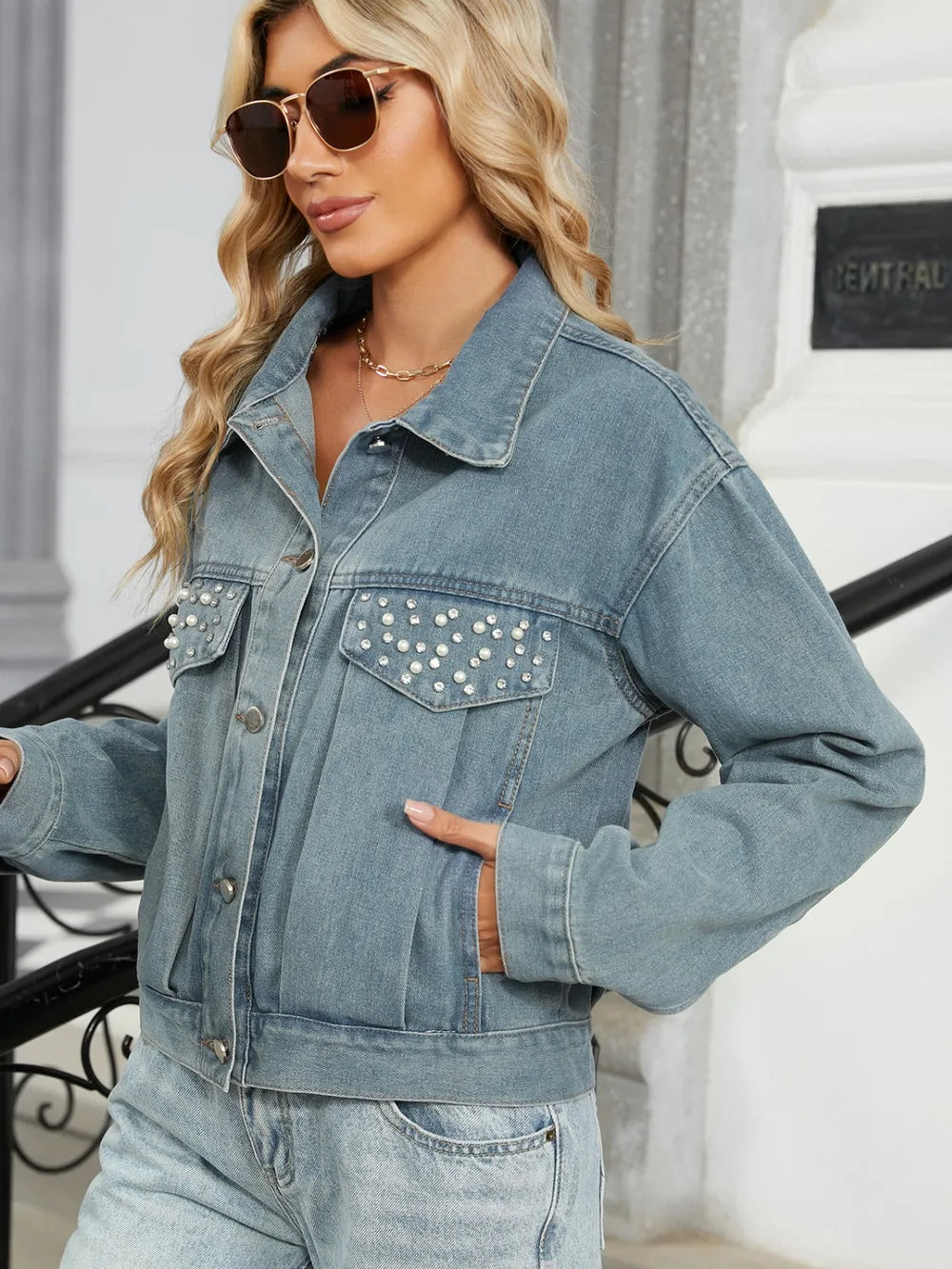 Rhinestone & Peal Trim Button Down Long Sleeve Denim Jacket - LoveNest Treasures