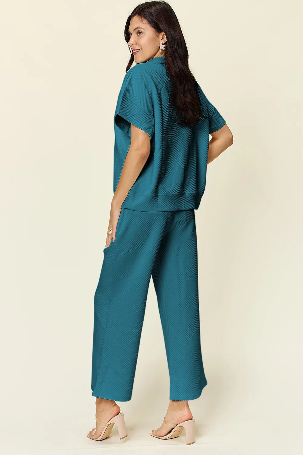 Double Take Full Size Texture Half Zip Short Sleeve Top and Pants Set - LoveNest Treasures
