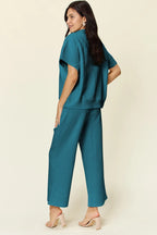 Double Take Full Size Texture Half Zip Short Sleeve Top and Pants Set - LoveNest Treasures