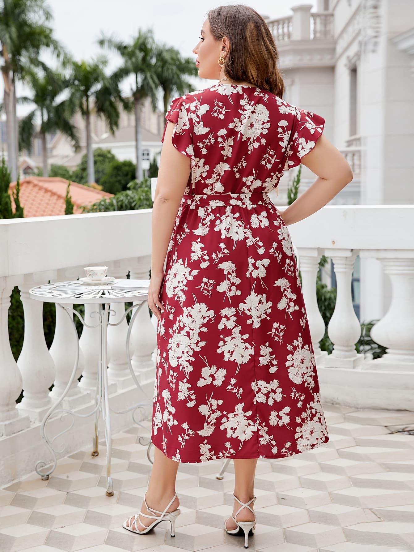 Honey Plus Size Floral Tie Waist Surplice Neck Midi Dress - LoveNest Treasures