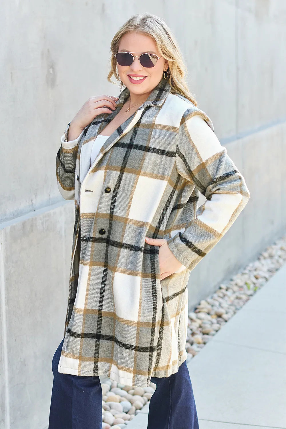 Double Take Full Size Plaid Button Up Lapel Collar Coat - LoveNest Treasures